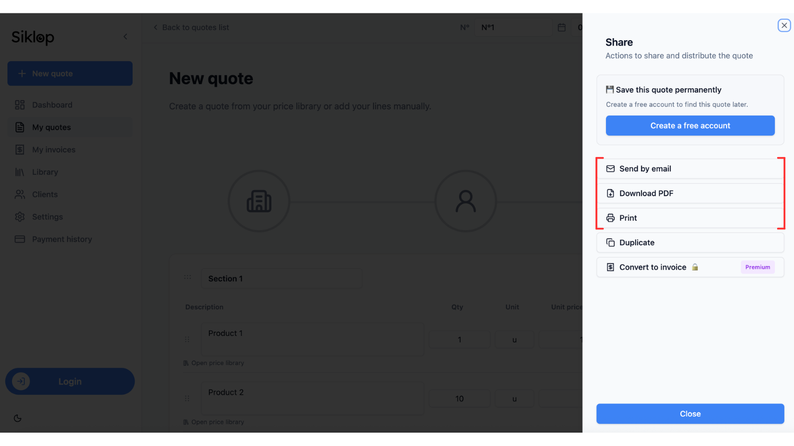 Send, download, or print a quote with Siklop
