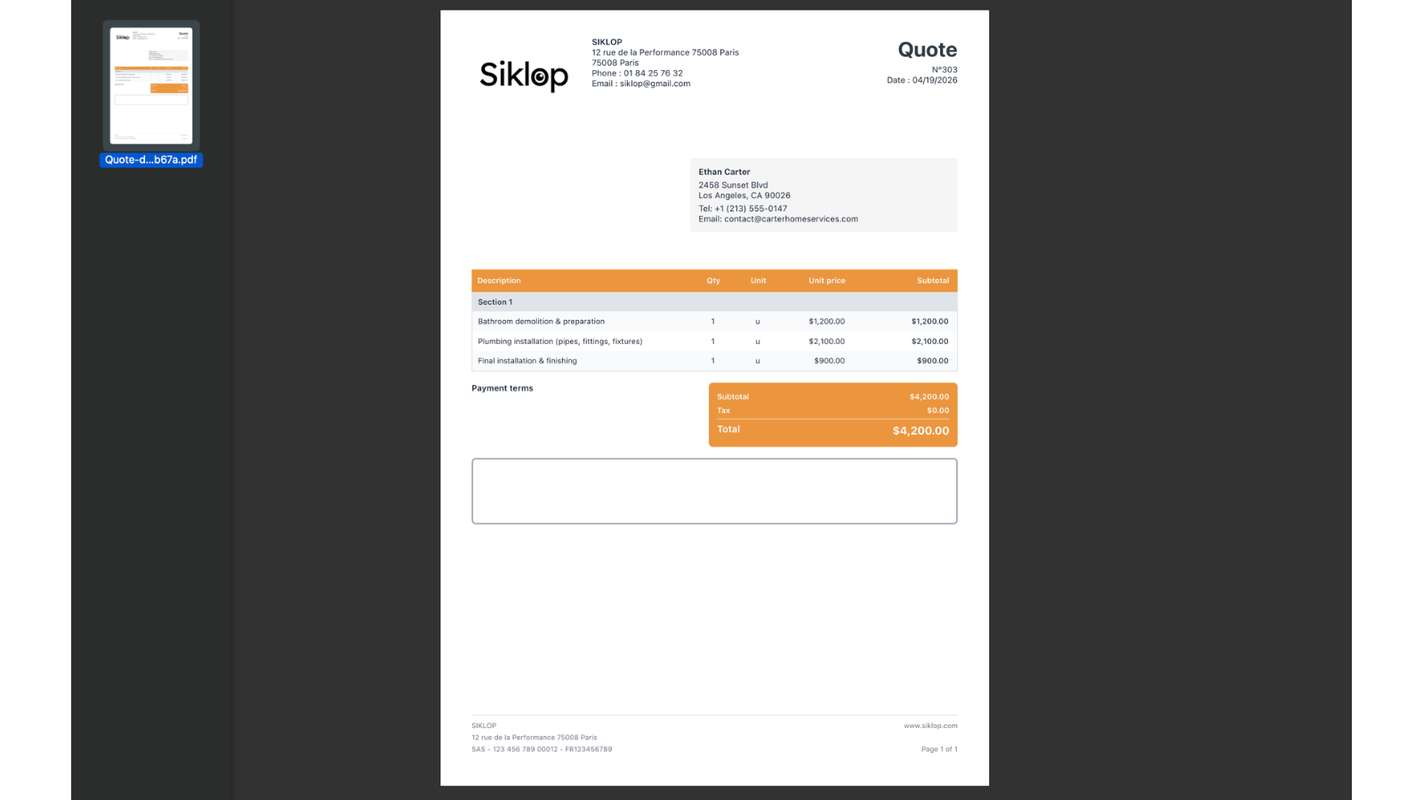 Quote or invoice PDF downloaded from Siklop
