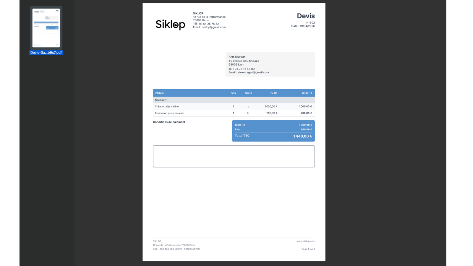 Devis ou facture PDF téléchargé depuis Siklop